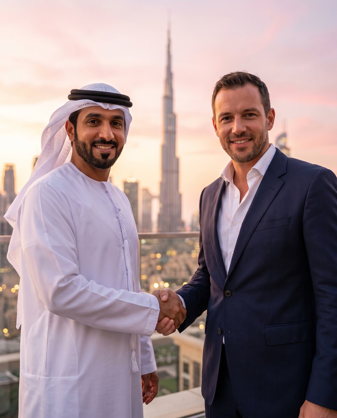 A BELOBABA member and a partner shaking hands over the Dubai skyline